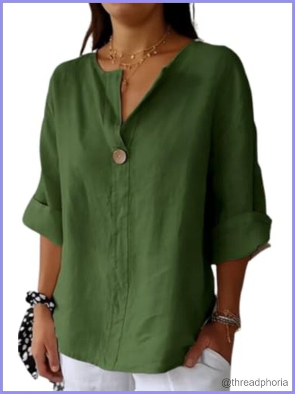V-Neck Cotton Linen Tunic Top 3/4 Roll-Up Sleeve Summer Casual Blouse